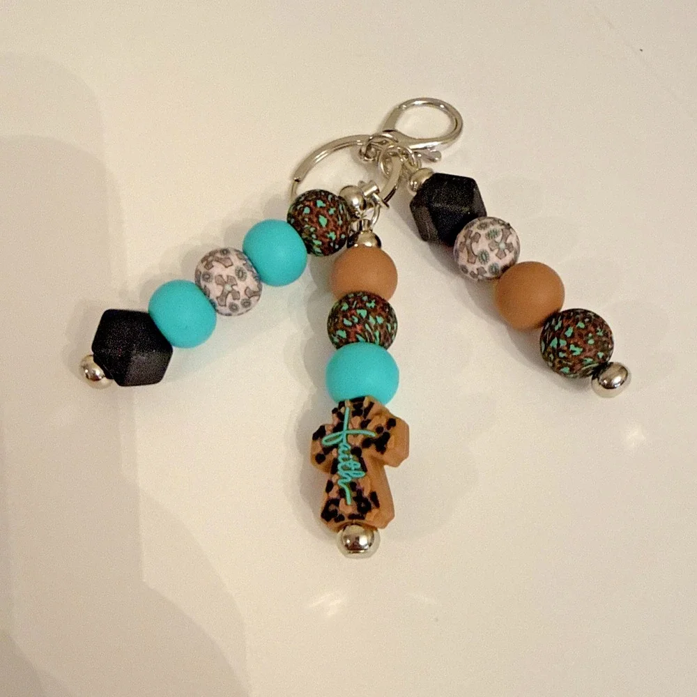 Handmade Turquoise Faith Key Chain Beaded Leopard Cross Blue Accessory